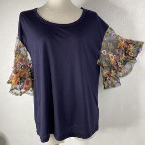 Umgee Womens Sz S Navy Shirt w Embroidered Short Bell Sleeves